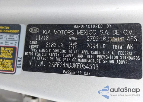 2019 Kia Forte Lxs from USA, damaged, VIN 3KPF24AD3KE054593